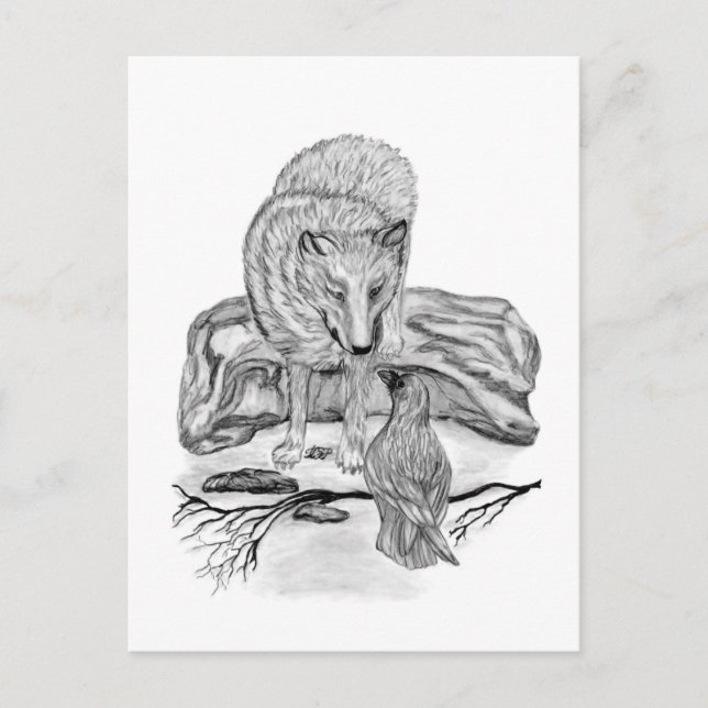 Carte Postale Wolf and Raven black and white design (Devant)