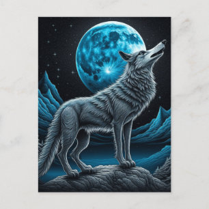 Carte Postale Wolf debout devant la Pleine lune   Art AI