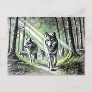 Carte Postale Wolf Pack Moving Through Green Forest
