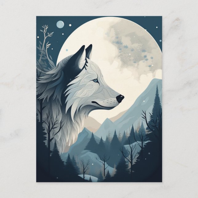 Carte Postale Wolf Pleine lune Mountains Imaginaire Art (Devant)