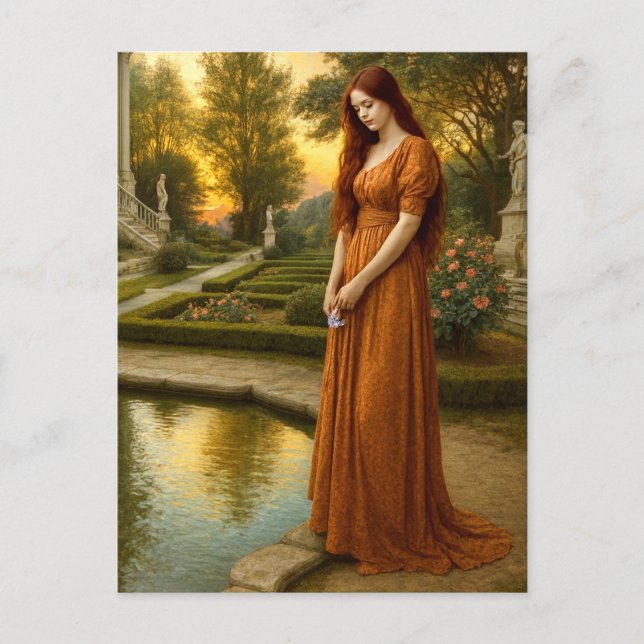Carte Postale Woman By Garden Pond At Sunset (Devant)