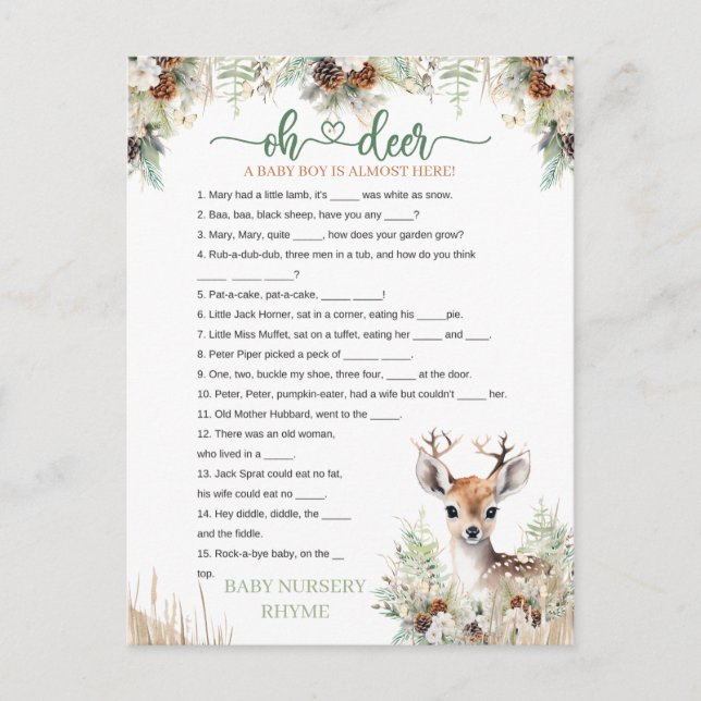 Carte Postale Woodland Deer Baby shower Jeu de garçon (Devant)