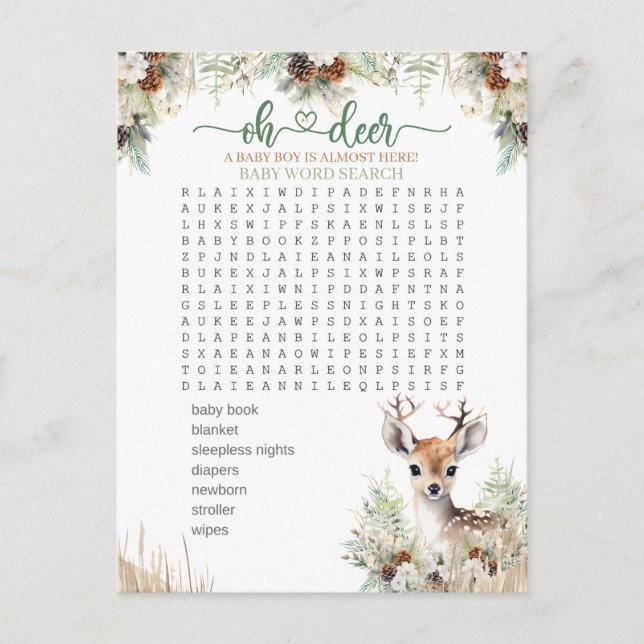 Carte Postale Woodland Deer Baby shower Jeu de garçon (Devant)