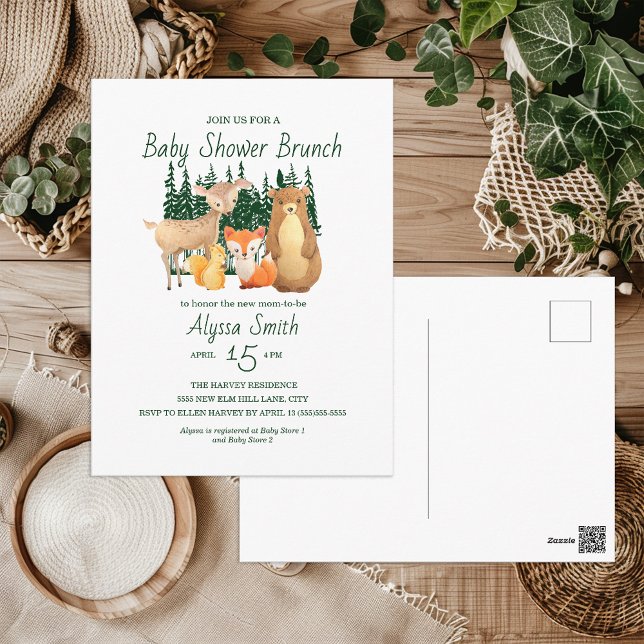 Carte Postale Woodland Forest Friends Baby shower Brunch (Woodland Animals baby shower postcard invitation)