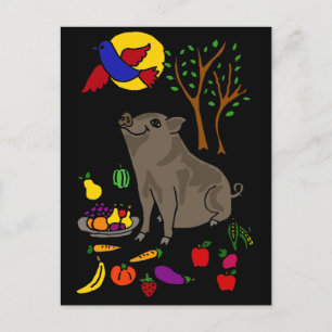 Carte Postale XX- Pot Bellied Pig and Fruit Folk Art Design
