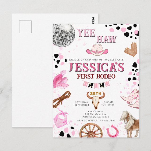 Carte Postale Yee Haw Disco Cowgirl Rodéo Anniversaire (Devant / Derrière)