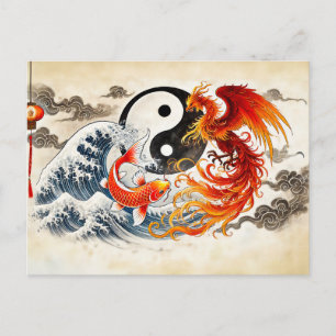 Carte Postale Yin et Yang Carpe et Phénix dans le style d'art as