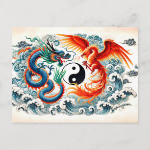 Carte Postale Yin et Yang Dragon et Phénix dans le style d'art a