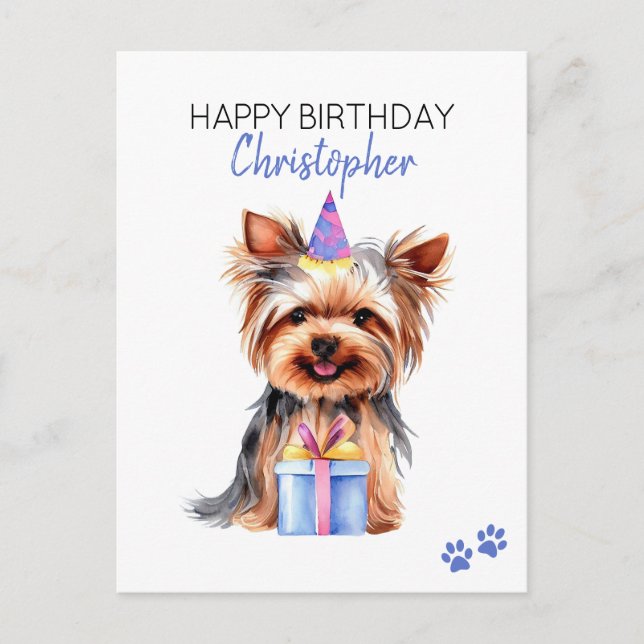 Carte Postale Yorkie Dog Personnalisé Joyeux Anniversaire (Devant)
