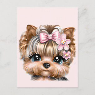 Carte Postale Yorkie Mignon Avec un Nœud Rose