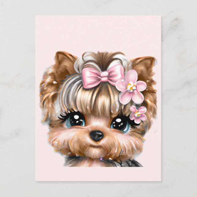 Carte Postale Yorkie mignonne avec une corse rose (Devant)