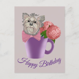 Carte Postale Yorkshire Terrier aux fleurs Joyeux anniversaire