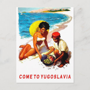 Carte Postale Yougoslavie, femme sur la plage avec un vendeur de