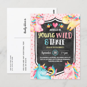 Carte Postale Young Wild and Three Unicorn Birthday Party
