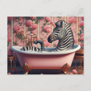Carte Postale Zèbre amusant dans la salle de bain rose fleurie