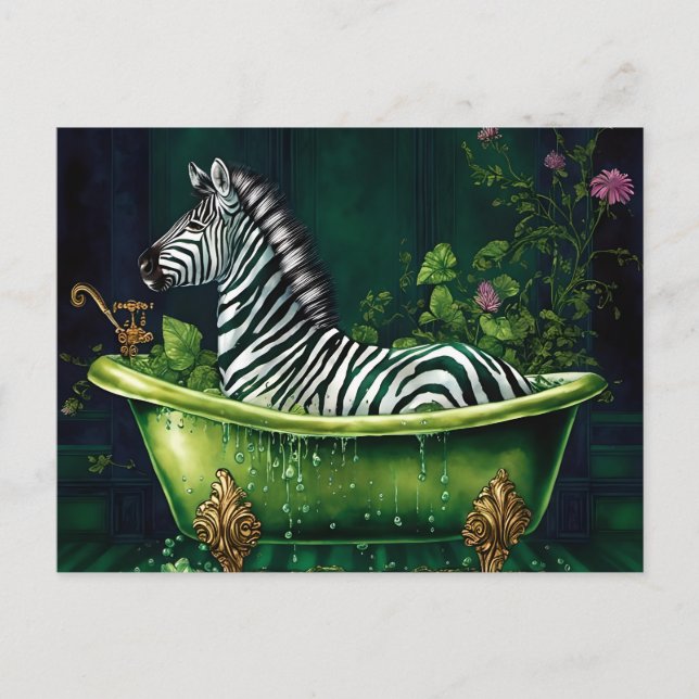 Carte Postale Zèbre amusant dans une baignoire verte (Devant)