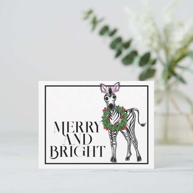 Carte Postale Zèbre de fête de vacances | Couronne de Noël rouge (Debout devant)