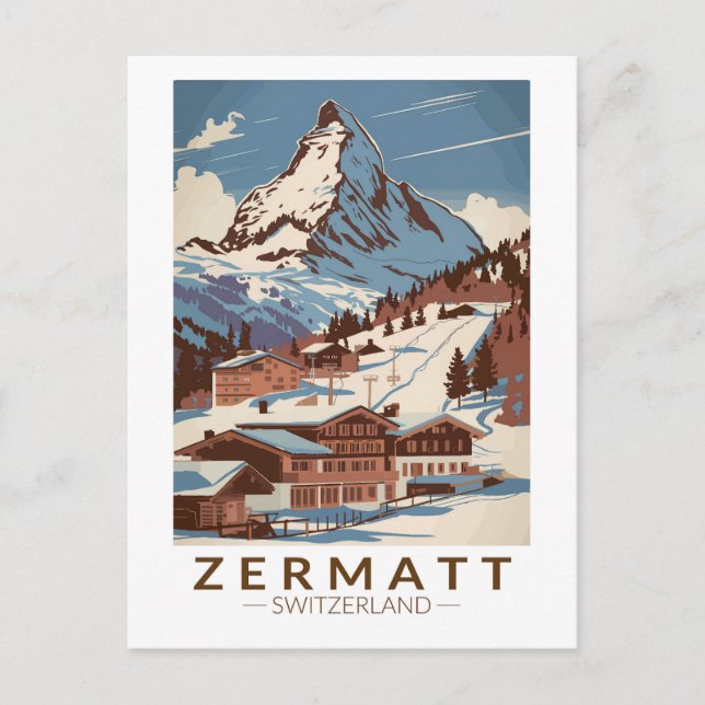 Carte Postale Zermatt Suisse Illustration Art de Voyage Rétro (Devant)
