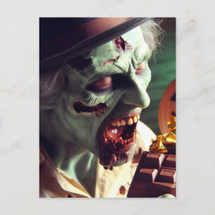 Carte Postale Zombie Manger du chocolat d'Halloween