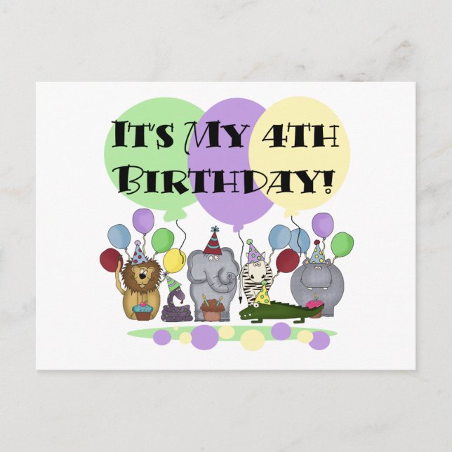 Carte Postale Zoo Animaux 4e anniversaire Tshirts et cadeaux (Devant)