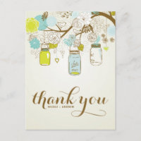 CARTE POSTCARD MERCI EN BLEU ET JAUNES MASON JARS