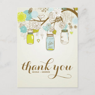 CARTE POSTCARD MERCI EN BLEU ET JAUNES MASON JARS