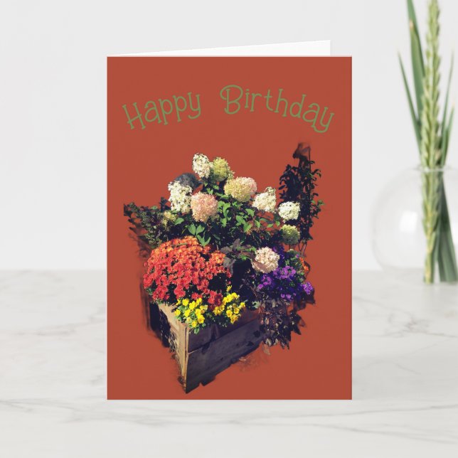 Carte Pot en bois rustique avec fleurs d'été pour annive (Devant)