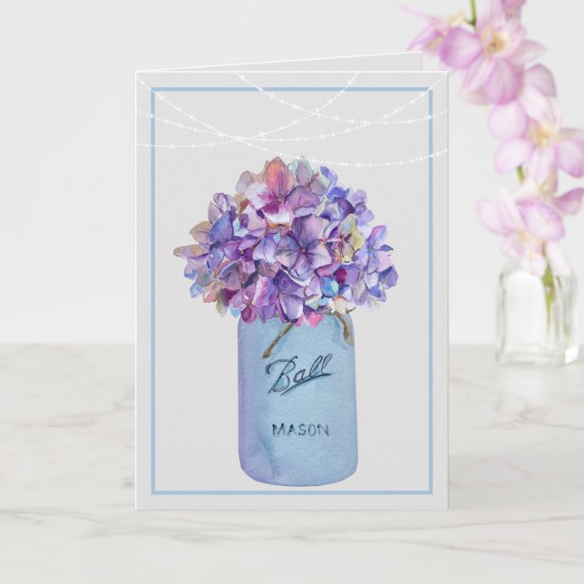 Carte Pot Mason avec hydrangeas violets  Guirlande lumin (Orchidée)