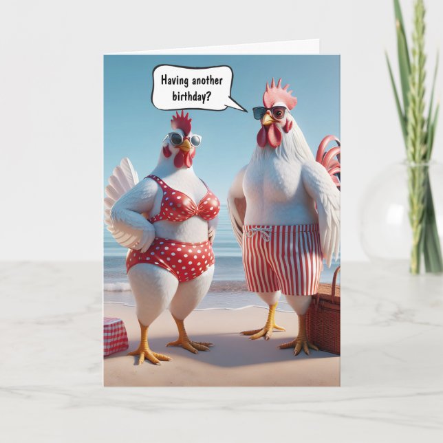 Carte Poulet D'Humour Anniversaire Sur La Plage (Devant)