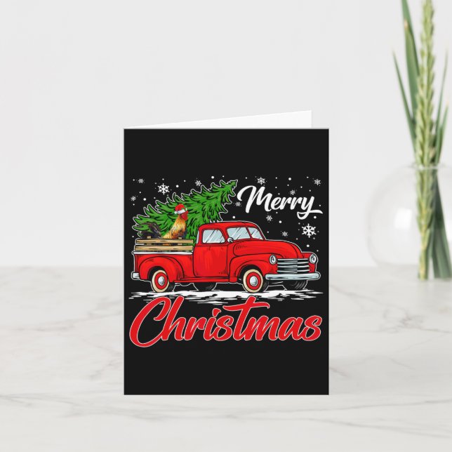 Carte Poulet Drôle Sur Camion Rouge Arbre de Noël Christ (Devant)