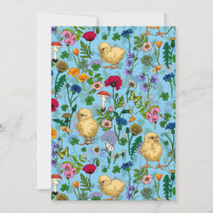 Carte Poulets et fleurs sauvages sur le bleu bébé