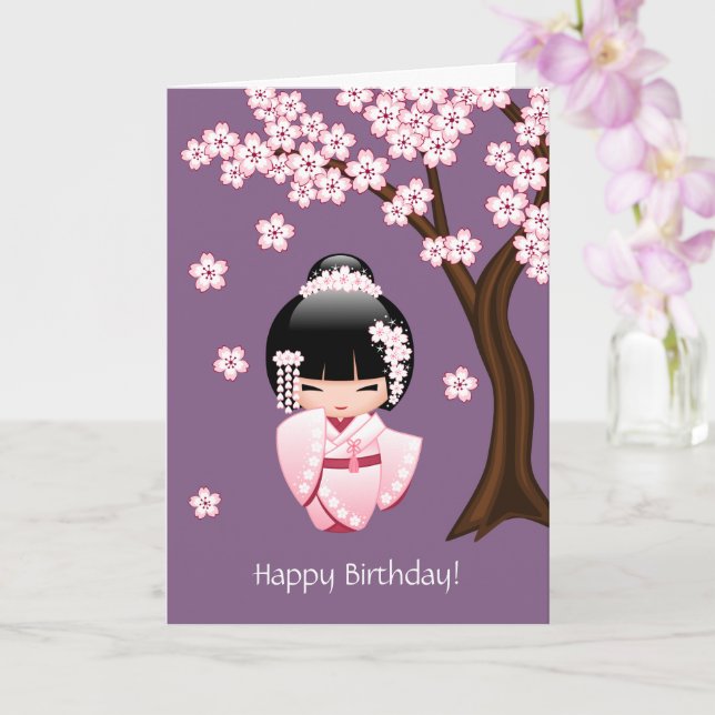 Carte Poupée blanche de Kokeshi de kimono - anniversaire (Orchidée)