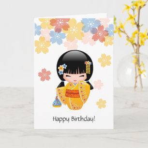 Carte Poupée Kokeshi été - Jolie fille japonaise Anniver