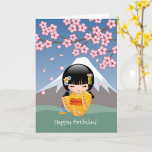 Carte Poupée Kokeshi été - Jolie fille japonaise Anniver