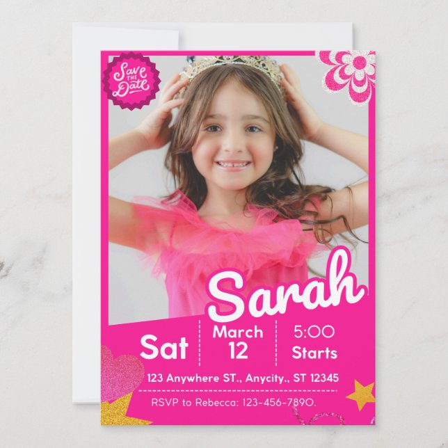Carte Poupée Parties scintillant rose inspirée Invitatio (Devant)