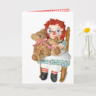 Carte Poupée Rag et ours en peluche en chaise