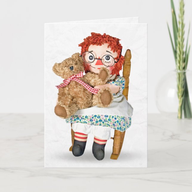 Carte Poupée Rag et ours en peluche en chaise à bascule (Devant)
