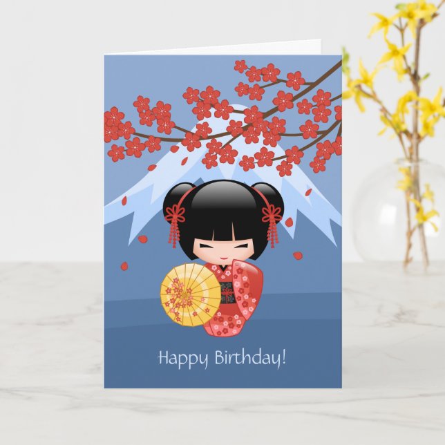 Carte Poupée rouge Sakura Kokeshi, Anniversaire mignon d (Fleur jaune)