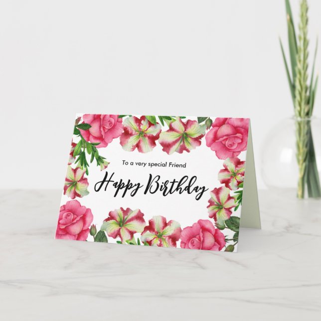 Carte Pour Ami à l'aquarelle d'anniversaire Fleurs roses (Devant)