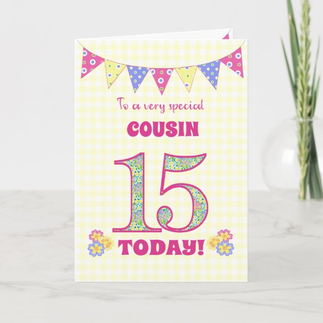 Carte Pour Cousin 15e Anniversaire Primroses Bunting Car (Devant)