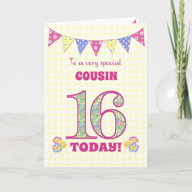 Carte Pour Cousin 16e Anniversaire Primroses Bunting Car (Devant)
