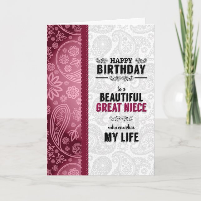 Carte pour Great Niece Anniversaire Coeurs roses et Pais (Devant)