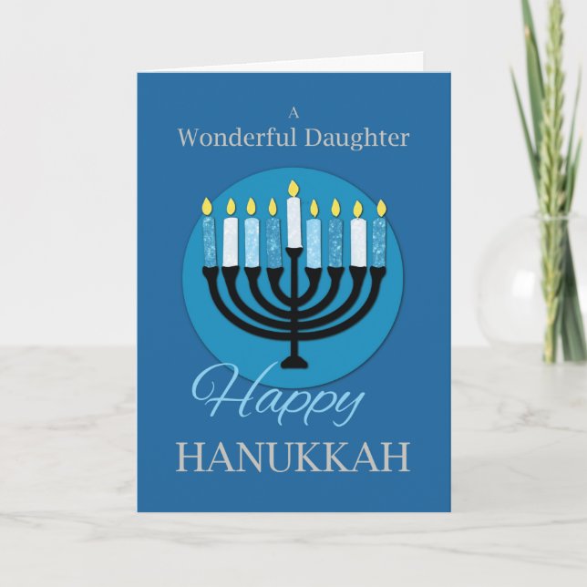 Carte Pour la fille Hanoukka Menorah sur le bleu foncé (Devant)