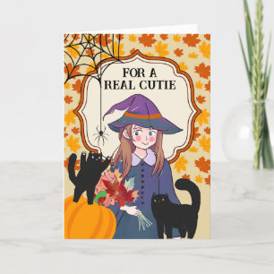 Carte Pour la nièce Halloween jolie sorcière et chats