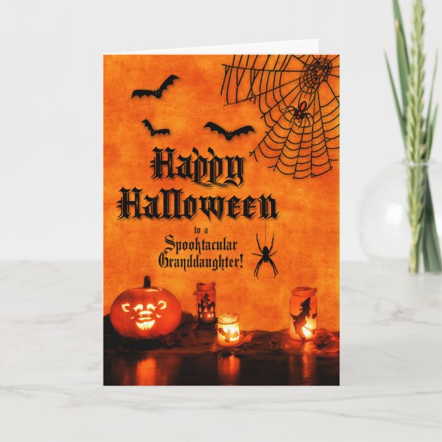Carte pour la petite-fille Orange Spiders Bats Halloween (Devant)