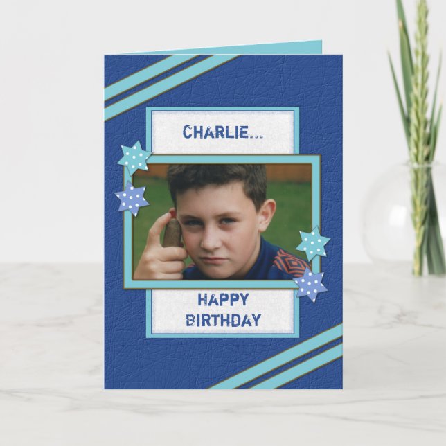 Carte Pour les hommes avec nom et photo bleu anniversair (Devant)