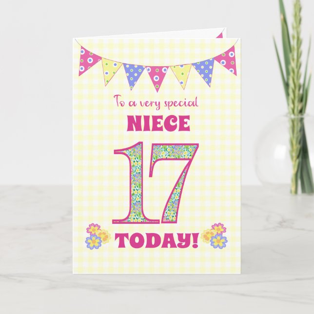 Carte Pour Niece 17th Birthday Primroses et Bunting Card (Devant)
