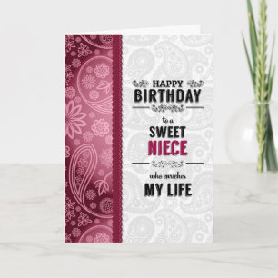 Carte pour Niece Anniversaire Coeurs roses et Paisley
