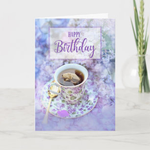 Carte pour sa coupe de thé et de fleurs violettes Annive