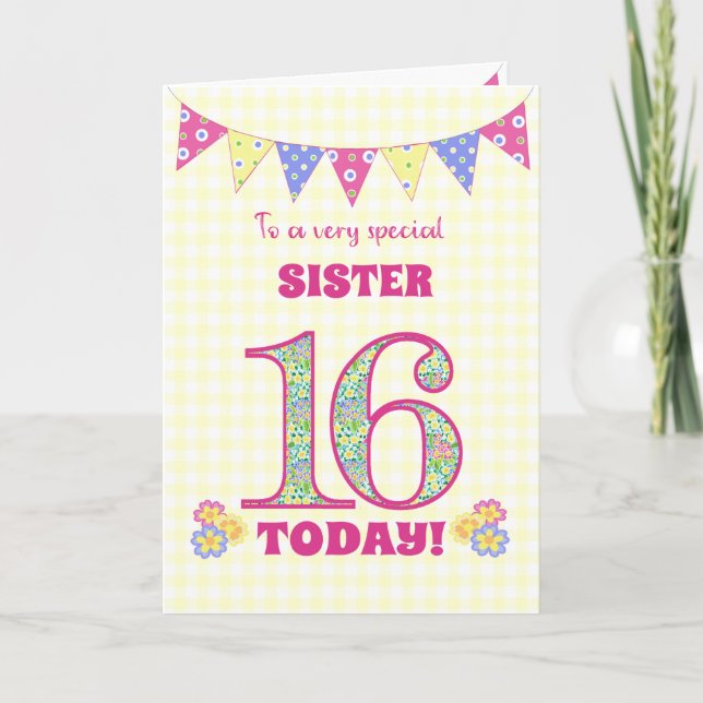 Carte Pour Soeur 16e Anniversaire Primroses Bunting Card (Devant)